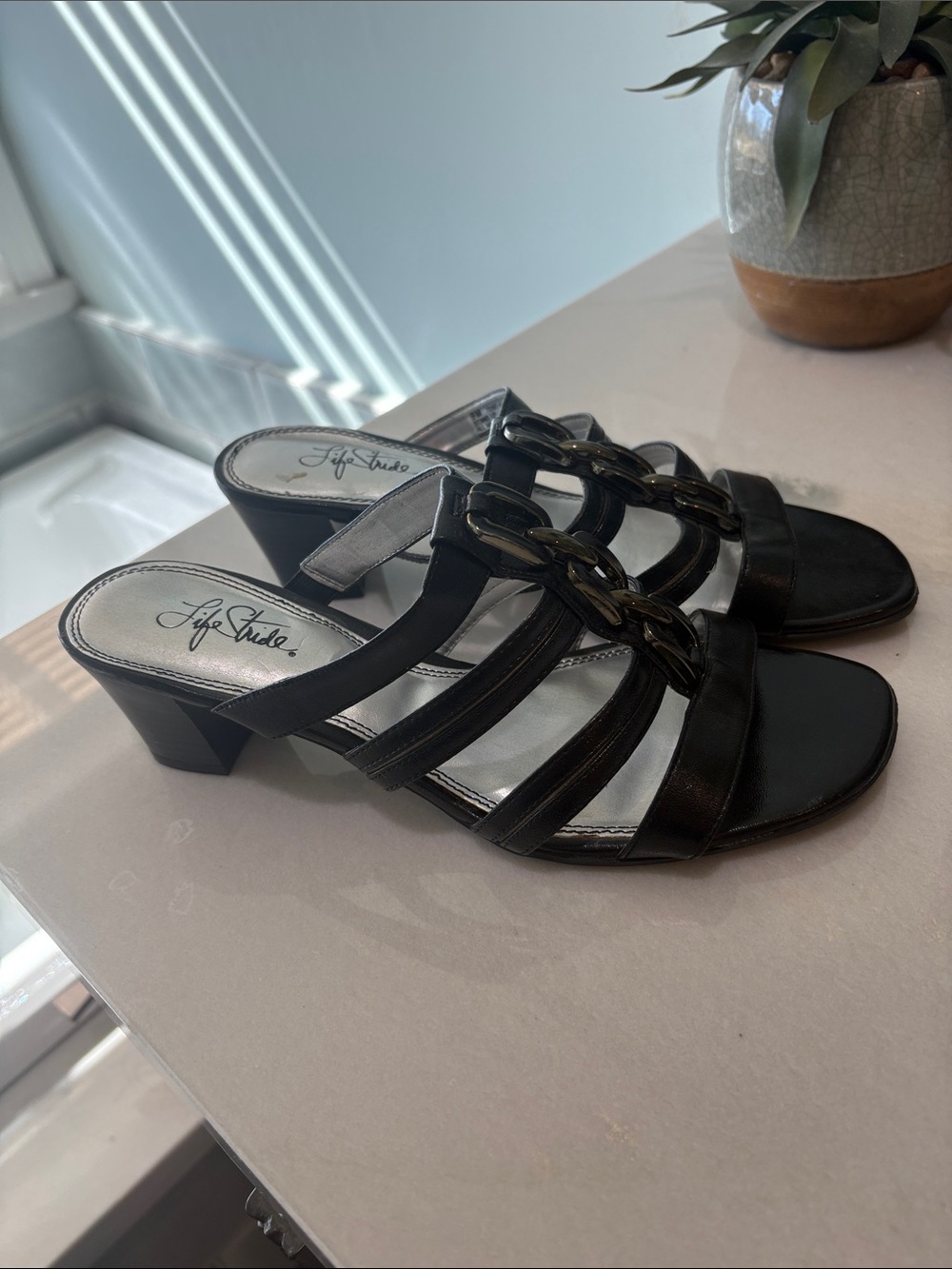 Life Stride Black Strappy Chain-Link Low Heel Mules
